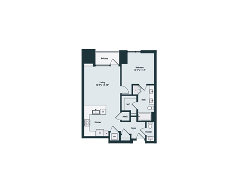 Floor plan for 1 bed, 1.5 baths, 906 sqft